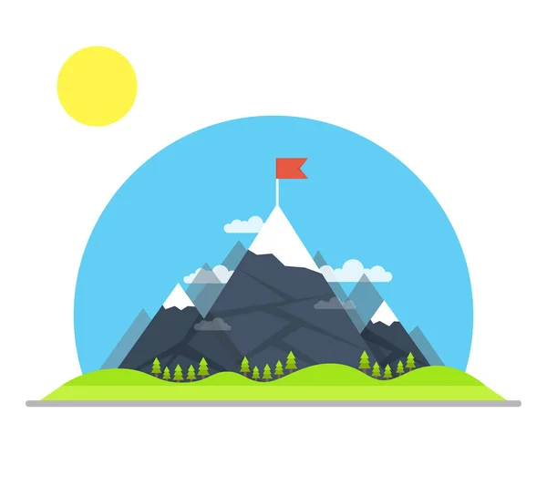 Горы Флагом Вершине Концепция Успеха — стоковый вектор