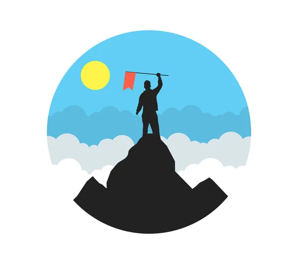 Человек Стоящий Вершине Горы Флагом Руке Концепция Успеха — стоковый вектор