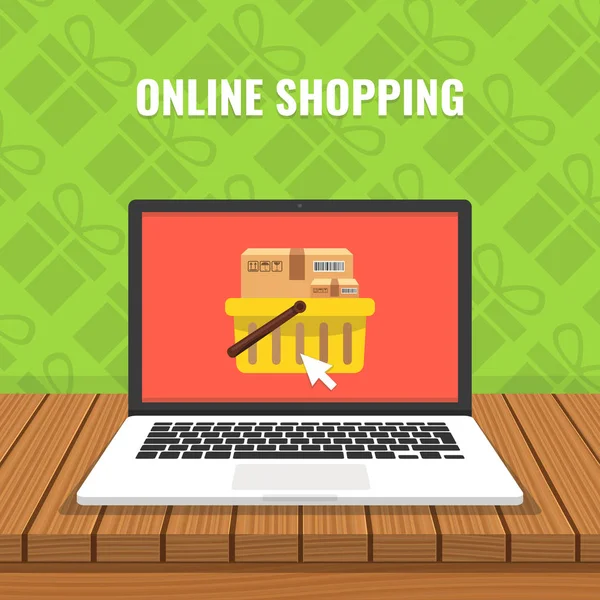 Online Shopping Konzept Mit Laptop Und Waren Auf Dem Bildschirm — Stockvektor