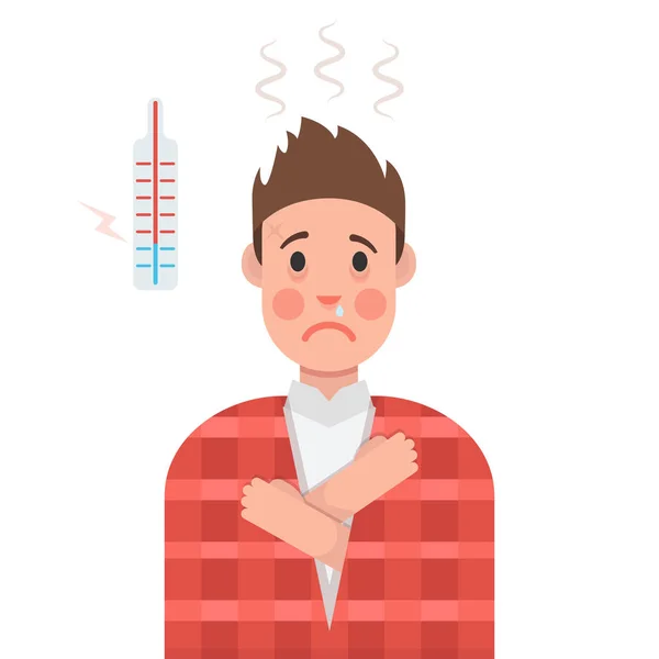 Sick Young Man Wrapped Blanket Isolated White Background Thermometer — Stock Vector