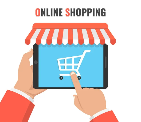 Adam Buiyng Online Dijital Tablet Kullanma Ile Online Alışveriş Kavramı — Stok Vektör