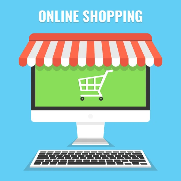 Online Shopping Konzept Mit Computer Und Waren Bildschirm — Stockvektor