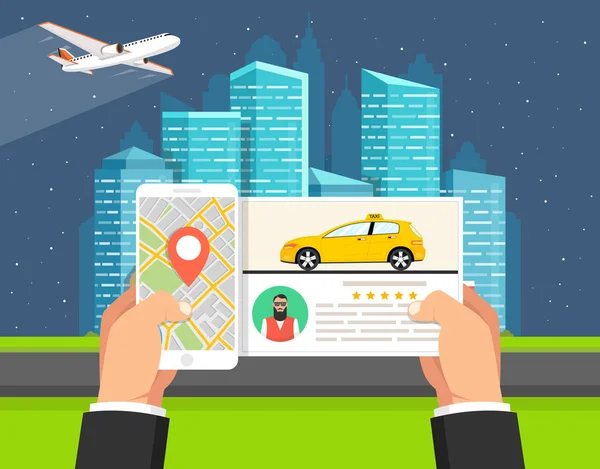 Araba Uçan Uçak Şehir Binaların Zemin Üzerine Smartphone Taksi Hizmeti — Stok Vektör