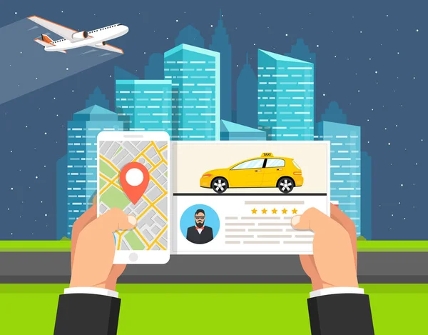 Man Holding Smartphone Taxi Service City Buildings Background Car Flying — Stock Vector