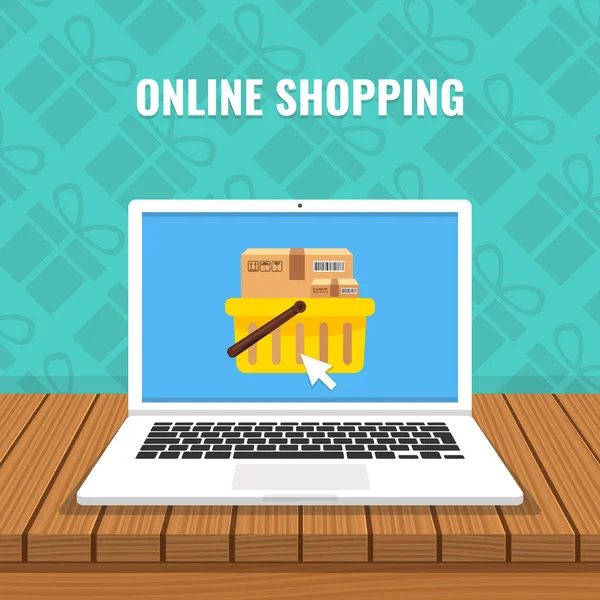 Online Shopping Konzept Mit Laptop Und Waren Auf Dem Bildschirm — Stockvektor