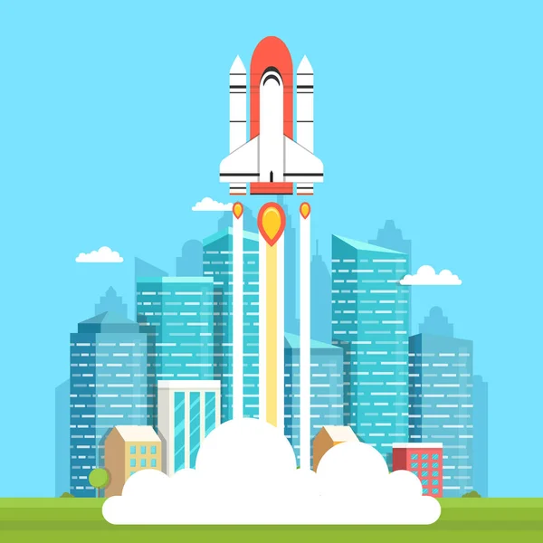 Arka Plan Binalarıyla Binalar Başlangıç Kavramı Üzerinde Uçan Roket — Stok Vektör