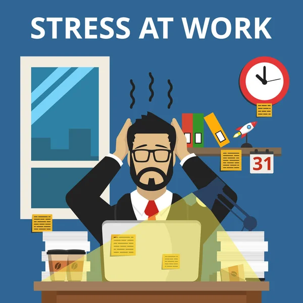 Young Bearded Brunette Businessman Glasses Stressing Work Holding Head Hands — Stock Vector