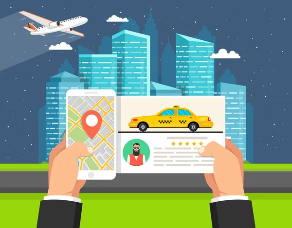 Araba Uçan Uçak Şehir Binaların Zemin Üzerine Smartphone Taksi Hizmeti — Stok Vektör