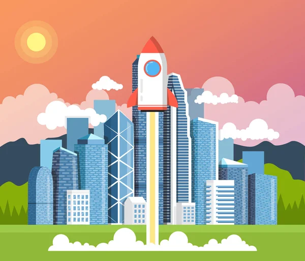 Concepto Inicio Con Cohete Volador Fondo Moderno Ciudad — Vector de stock