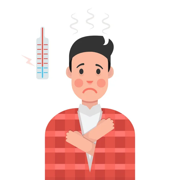Άρρωστος Νεαρός Άνδρας Τυλιγμένο Κουβέρτα Που Απομονώνονται Λευκό Φόντο Θερμόμετρο — Διανυσματικό Αρχείο