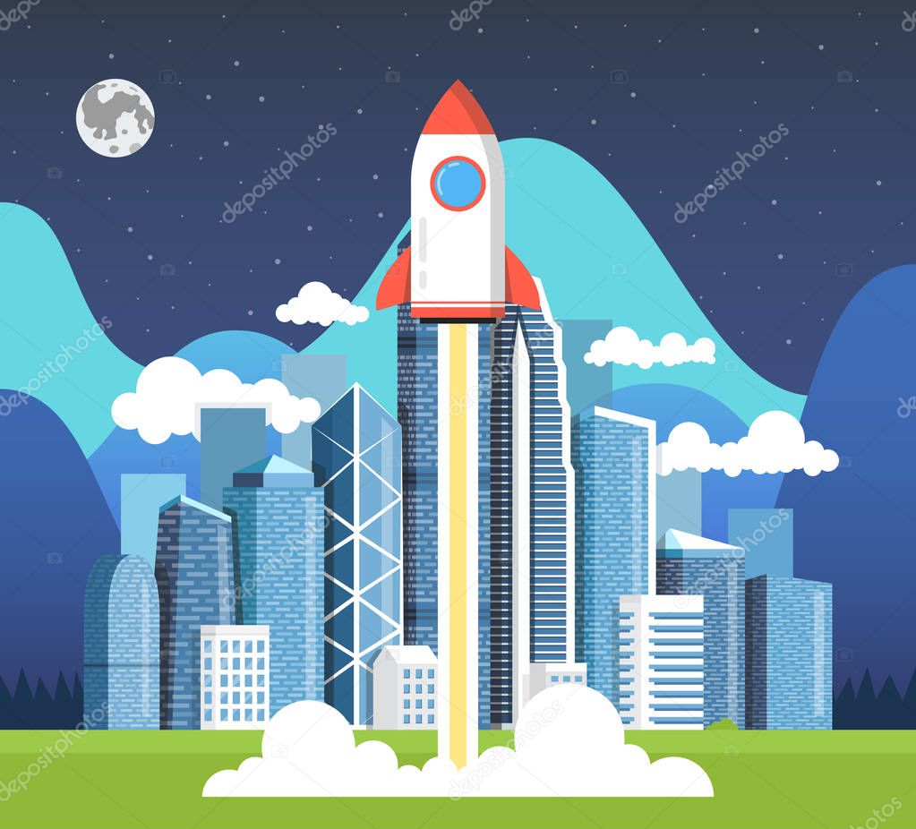 Flying rocket on background with modern high-rises buildings, startup concept.
