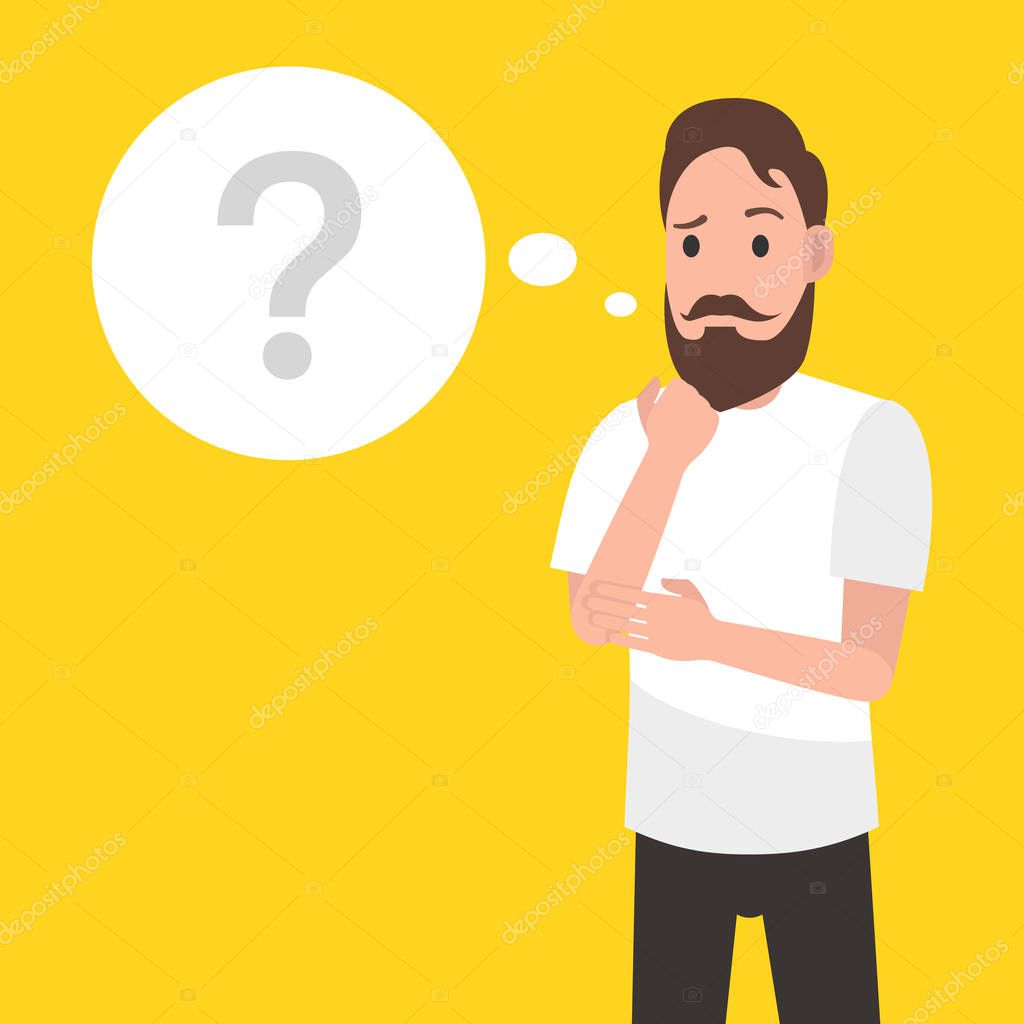 Bearded man with question mark on yellow background