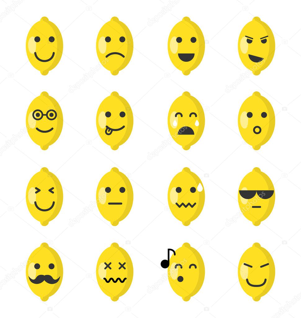 Set of fruits emoji smileys, cute icons.