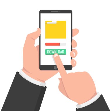 Dosya, bilgi kavramı indiriyor. Akıllı telefon tutarak ve ekran dokunaklı el. Vektör çizim.