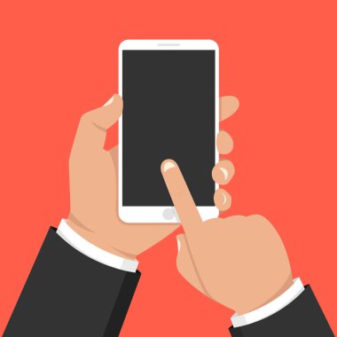 Akıllı telefon tutarak ve ekran dokunaklı el. Vektör çizim. 