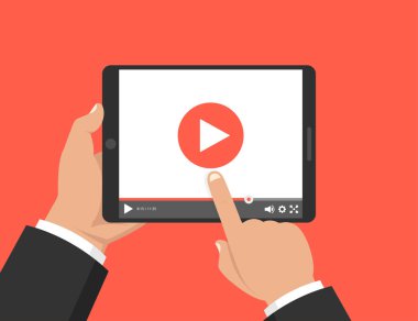 Tablet tutarak ve ekran dokunmadan eller. Ekranda video oynatıcı. Vektör çizim.