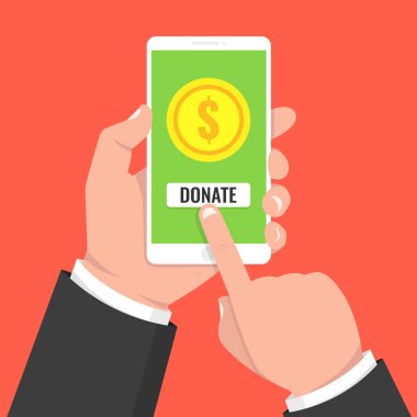 Online kavramı bağış yapın. Altın sikke ve düğme sahip ekran üzerinde tutan el. Vektör çizim. 