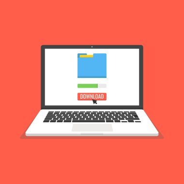 Dizüstü bilgisayar ve ilerleme durum çubuğunu ekranda. Dosya, bilgi kavramı indiriyor. Vektör çizim. 