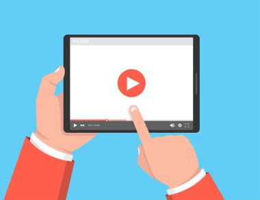 Tablet tutarak ve ekran dokunmadan eller. Ekranda video oynatıcı. Vektör çizim.