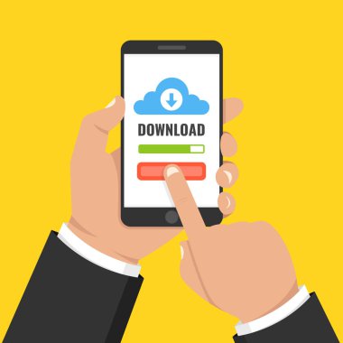 Dosya, bilgi kavramı indiriyor. Akıllı telefon tutarak ve ekran dokunaklı el. Vektör çizim.