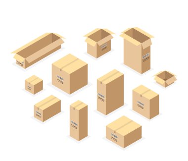 İzole izometrik karton kutuları kümesi. Açık ve kapalı karton kutular ayarlayın. Vektör çizim.