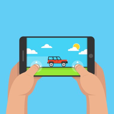 Akıllı telefon tutarak ve tank oyunu oynayan adam. Mobil oyun kavramı. Düz çizgi film tarzı. Mavi arka plan üzerinde vektör çizim