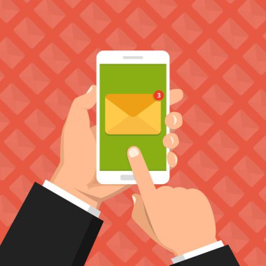 Gelen ileti kavramı. El kırmızı arka plan, tebliğ üstünde perde smartphone zarf simgesi ile tutun. E-posta pazarlama. Düz çizgi film tarzı. Vektör çizim. 