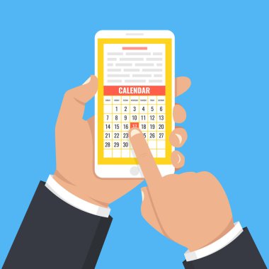 Takvim, zamanlama, hatırlatma, app akıllı telefon ekranında planlama. El telefon tutar, parmak ekran dokunur. Vektör çizim. mavi arka plan