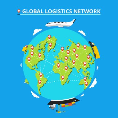 Global lojistik ağı. İcons set: kamyon, van, uçak, kargo gemisi. Nakliye dünya üzerinde. Düz vektör çizim. 