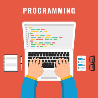 Çalışma Masası dizüstü bilgisayarda kodlama programcı. Ekran dizüstü bilgisayarda kod. Vektör çizim.