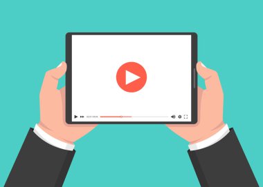 Tablet tutarak ve ekran dokunmadan eller. Ekranda video oynatıcı. Vektör çizim.