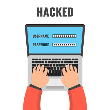 Veri hırsızlığı. Hacker bilgisayar keser. Cyber saldırgan kesmek için çalışırken. Düz çizgi film tarzı. Vektör çizim. 