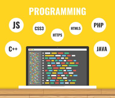 Programlama, web geliştirme kavramı. Ekran bilgisayarda kod. İş yerinde. Vektör çizim. Sarı arka plan