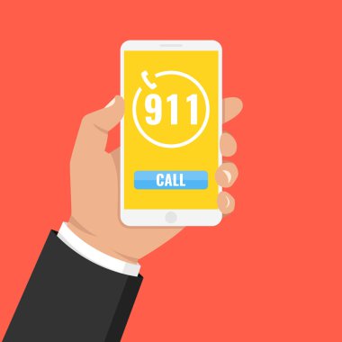 Acil arama 911 kavramı. Acil durum numarası 911'i üstünde belgili tanımlık perde ile cep telefonu tutan el. Vektör çizim. 