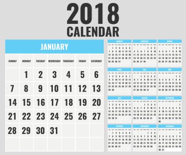 Takvim şablonu 2018 yıl için. Hafta Pazar günü başlar. Vektör çizim.