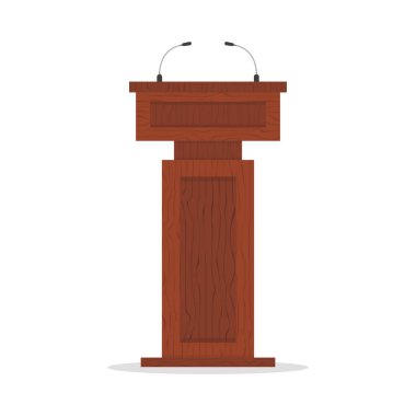 Wooden podium tribune stand rostrum with microphones. Flat cartoon style. Vector illustration. clipart