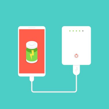 Güç banka Smartphone-e doğru usb kablosu ile bağlı. Vektör çizim. Yeşil arka plan