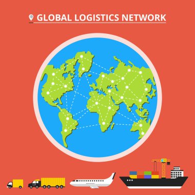 Global lojistik ağı. İcons set: kamyon, van, uçak, kargo gemisi. Nakliye dünya üzerinde. Düz vektör çizim. 