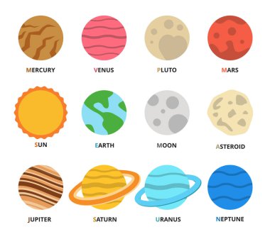 Gezegen Icon set. Gezegenler isimleri - Merkür, Venüs, dünya, mars, Jüpiter, Satürn, Uranüs, Neptün, pluto. Vektör astronomik soyut nesneleri - güneş, ay, asteroid. Düz tasarlamak. 