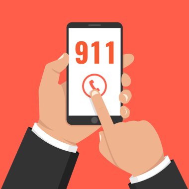 Acil arama 911 kavramı. Acil durum numarası 911'i üstünde belgili tanımlık perde ile cep telefonu tutan el. Vektör çizim. 