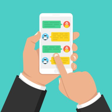 Sohbet etmek kavramı. Kullanıcı sohbet bot smartphone cep telefonu ile sohbet. Kullanıcı konuşmak ile bot içinde haberci. Vektör çizim.