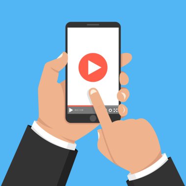 Tablet tutarak ve ekran dokunmadan eller. Ekranda video oynatıcı. Vektör çizim.