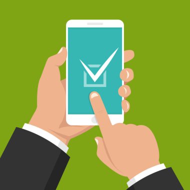 Smartphone ekranında liste düğmesini kontrol edin. Bir yandan dokunmatik ekran smartphone ve parmak tutar. Vektör çizim.