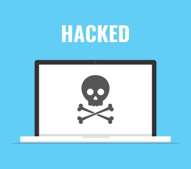 Kafatası üstünde belgili tanımlık perde ile dizüstü bilgisayar. Virüs, korsan, Hack ve güvenlik kavramı. Vektör çizim. 