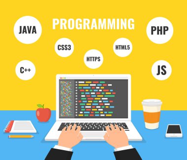 Çalışma Masası dizüstü bilgisayarda kodlama programcı. Ekran dizüstü bilgisayarda kod. Vektör çizim.
