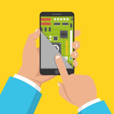 Cep telefonu tamir, Bilgisayar Servisi. Smartphone ile anakart ekran bölümünde tutan el. Vektör çizim. 