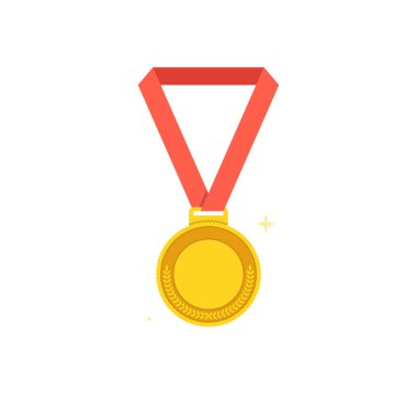 Madalya simgesi. Spor ve şampiyon öğesi. Madalya kırmızı kurdele ile birincilik. Düz çizgi film tarzı. Vektör çizim. 