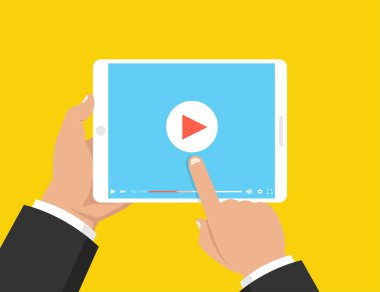 Tablet tutarak ve ekran dokunmadan eller. Ekranda video oynatıcı. Vektör çizim.