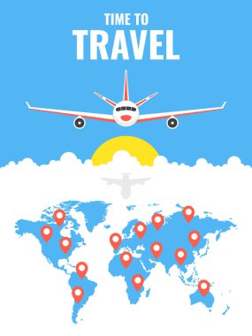 Uçan uçak. Afiş seyahat dünya çapında. Vektör çizim. 