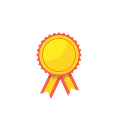Madalya simgesi. Spor ve şampiyon öğesi. Madalya kırmızı kurdele ile birincilik. Düz çizgi film tarzı. Vektör çizim. 